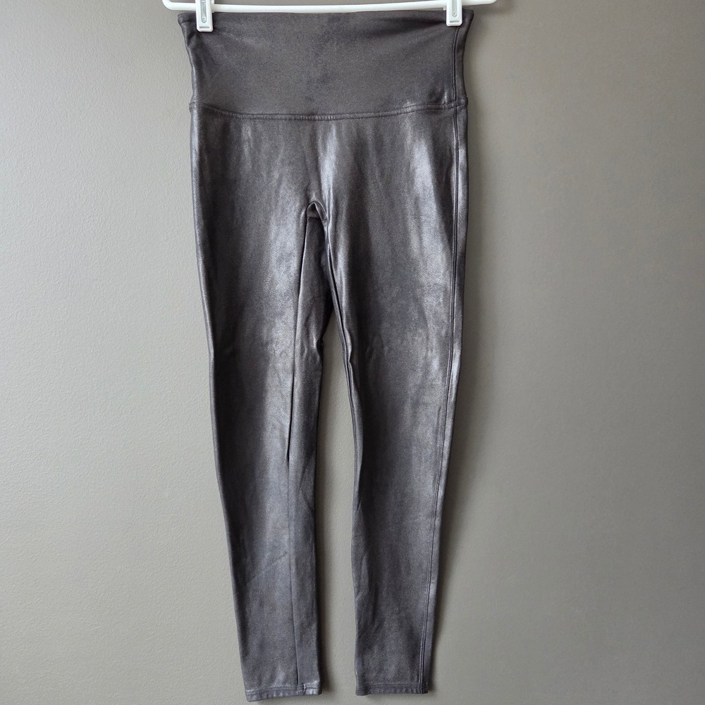SPANX Faux Leather Leggings High Waist Shiny Metallic Pewter Womens L Petite EUC